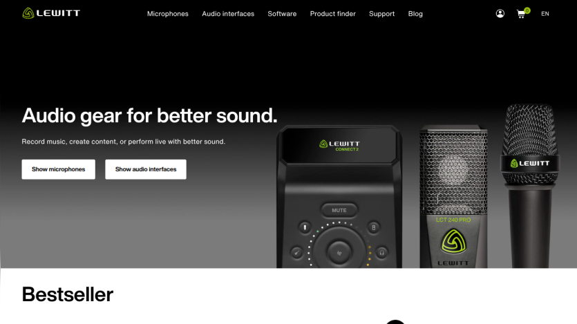 Audio gear website hero with headline 'Audio gear for better sound' and images of microphones and audio interfaces.