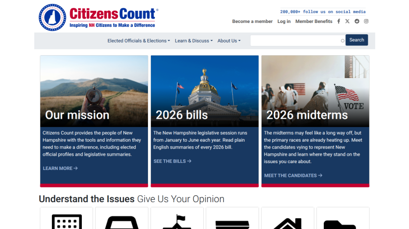 Citizens Count homepage featuring mission statement, 2026 bills, and midterms information.