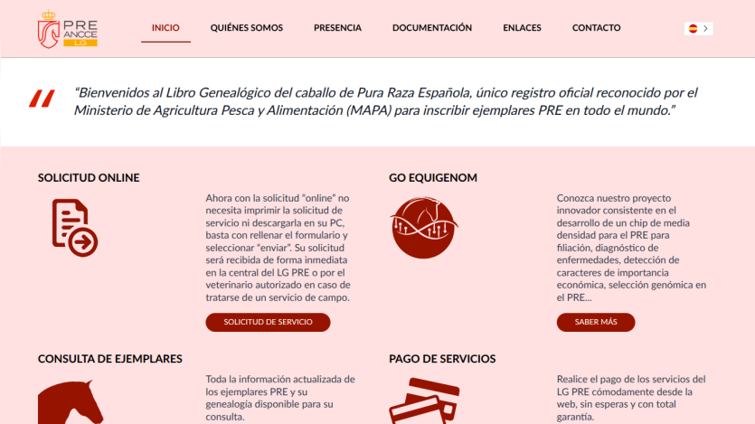 Homepage of PRE ANCCE LG with a welcome quote and sections for online service requests, genomic project, specimen consultation, and service payments