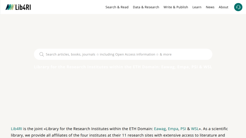 Library for the Research Institutes within the ETH Domain with search bar for articles, books, journals, and open access info