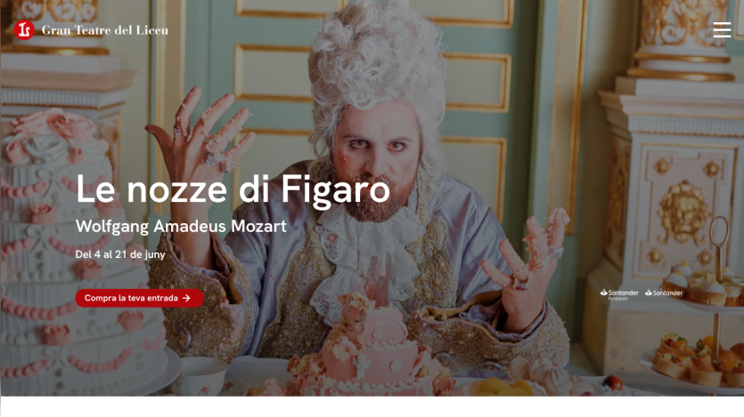 Promotional banner for 'Le nozze di Figaro' by Mozart, featuring a character in a lavish setting.