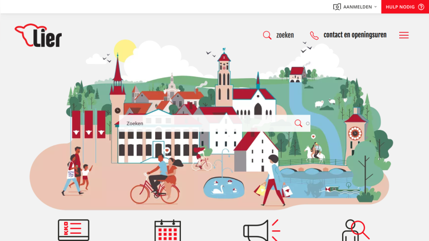 Website homepage with search bar and illustrated town scene featuring people, buildings, and nature elements