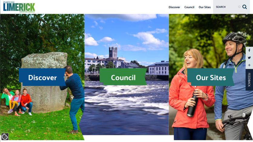 Homepage of Limerick featuring three sections: Discover, Council, and Our Sites with images.