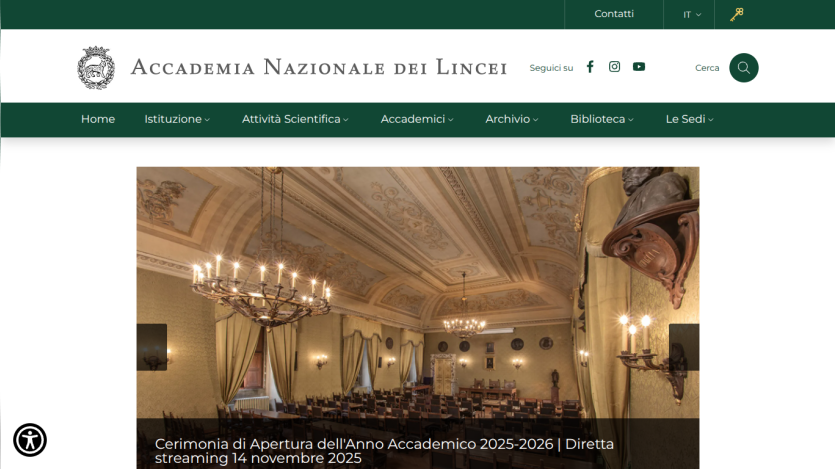Accademia Nazionale dei Lincei homepage with navigation and announcement of 2025-2026 academic year opening ceremony streaming