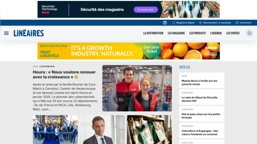French retail industry news site with headline on growth, images of people, and navigation menu