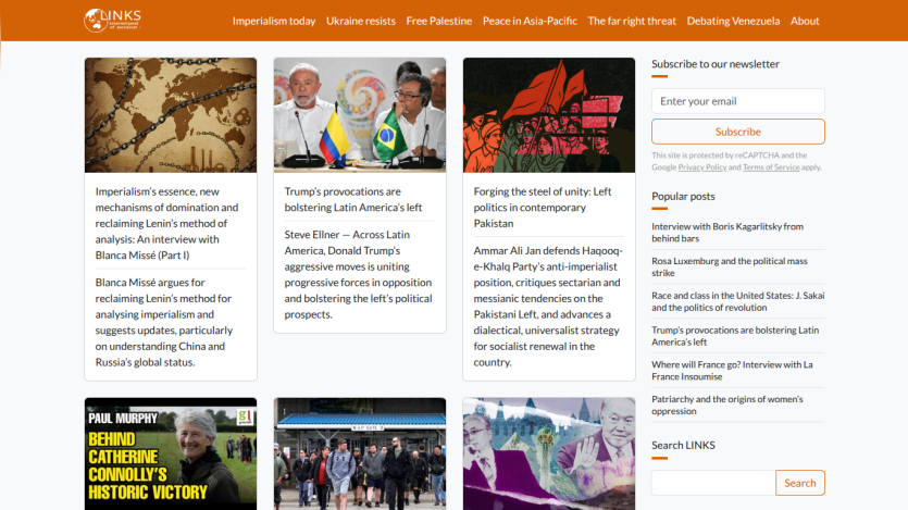Links International of Socialist website with articles on imperialism, Latin America, Pakistan politics, and newsletter subscription