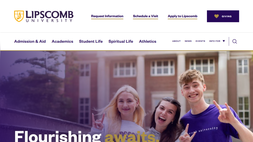 Lipscomb University homepage featuring students and the tagline 'Flourishing awaits.'