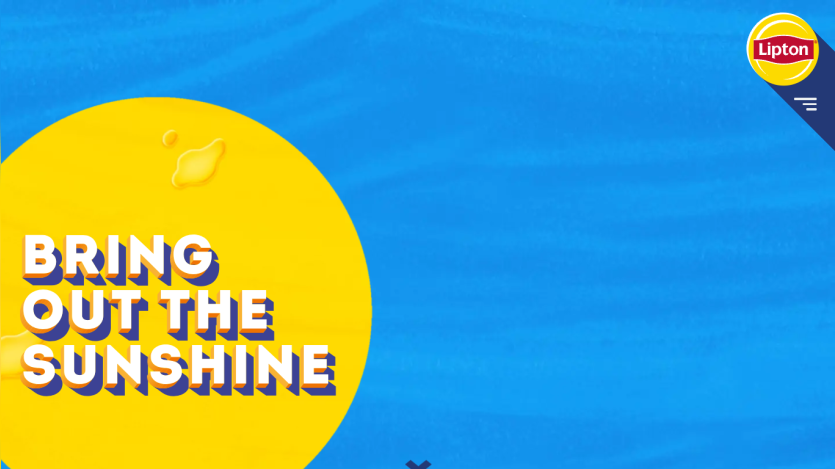 Lipton website hero with bright yellow sun graphic and text 'Bring out the sunshine' on blue background
