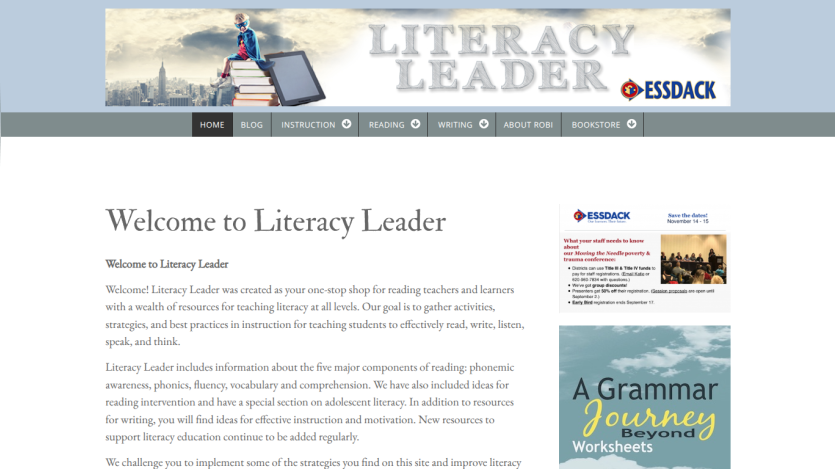 Homepage of Literacy Leader with welcome message and navigation links.