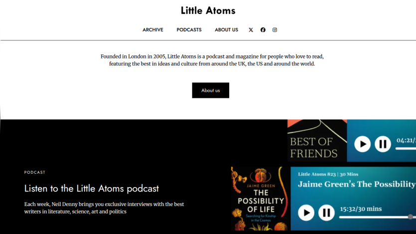Homepage of Little Atoms podcast featuring latest episodes and descriptions.