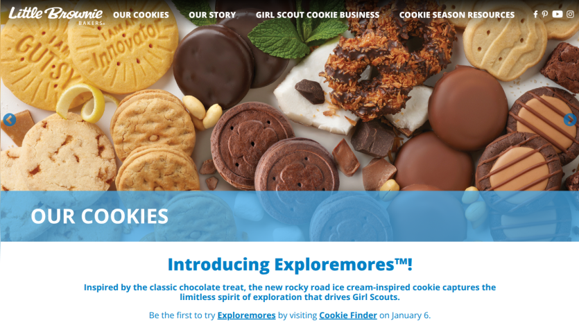 Little Brownie Bakers website showcasing various cookies and introducing the Exploremores cookie with a launch date