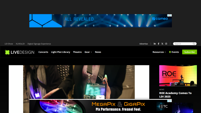 Live Design website homepage featuring event tech news, navigation menu, and a hero image of a person holding a light device