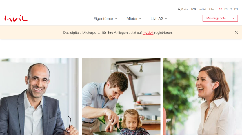 Livit website header with navigation and images of smiling people and a child, promoting digital tenant portal registration.