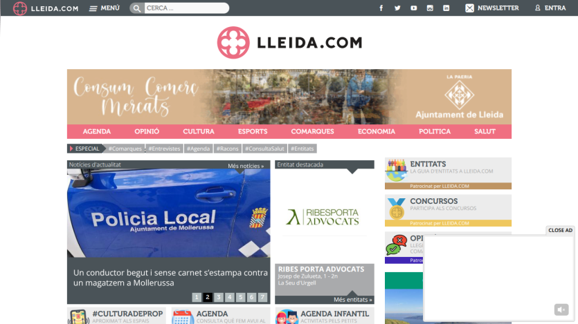 Lleida.com news homepage with menu, search, social links, and featured news articles in Catalan