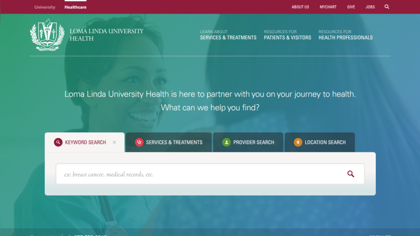 Loma Linda University Health homepage with search bar and tagline about health partnership.