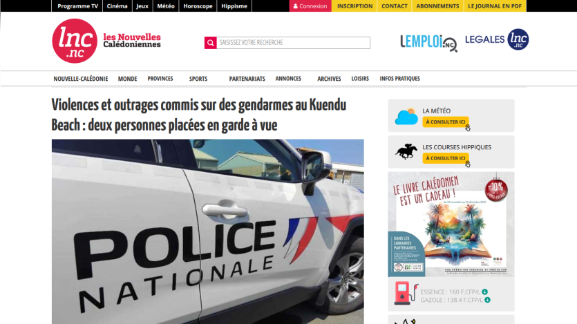 News website homepage showing headline about violence against gendarmes at Kuendu Beach with police vehicle image