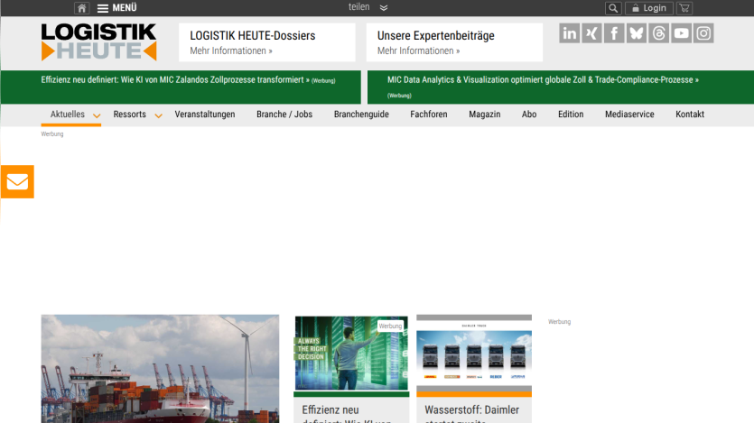 Logistik Heute website header with navigation, social icons, and hero section featuring logistics and technology ads