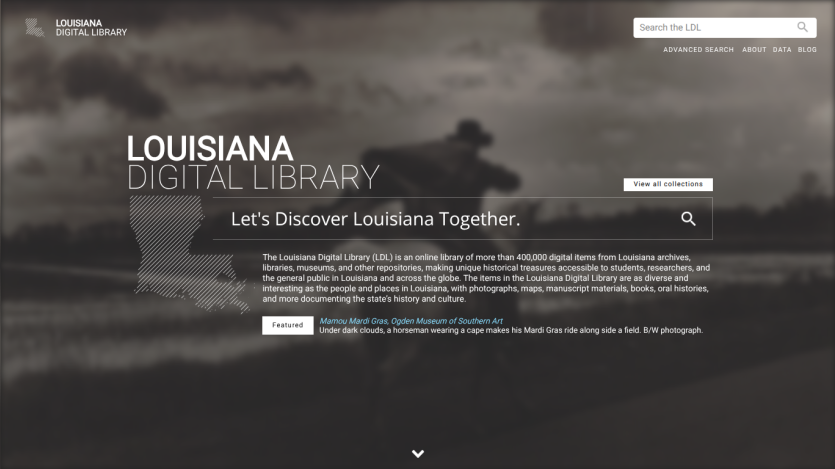 Louisiana Digital Library homepage with search bar, introduction text, and featured item about Mardi Gras truck float