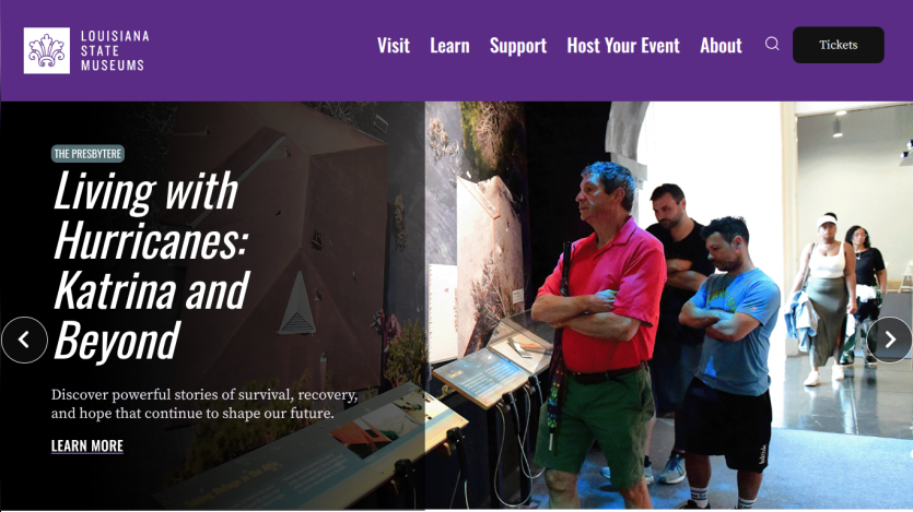 Louisiana State Museums website featuring an exhibit on living with hurricanes Katrina and beyond with visitors viewing displays.