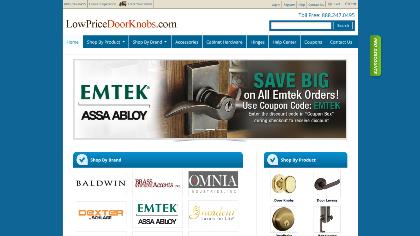 Homepage of LowPriceDoorKnobs.com featuring a promotional banner and product categories.