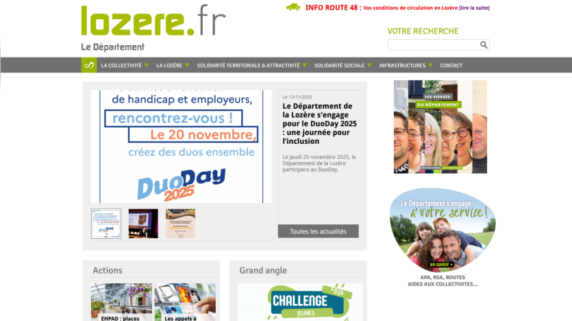 Lozere.fr departmental website homepage with navigation, DuoDay 2025 inclusion event, and community service highlights.