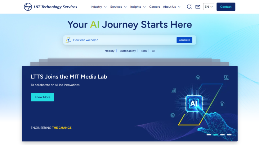 Website header with navigation and hero section announcing LTTS joining MIT Media Lab collaboration