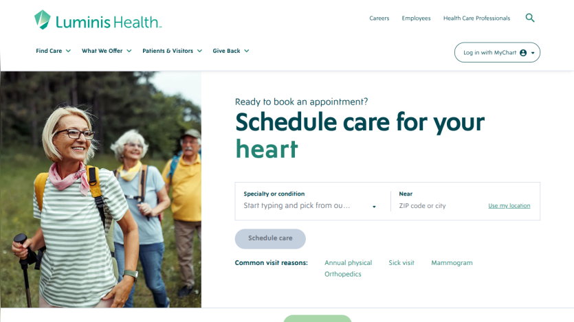 Luminis Health homepage with appointment booking form and image of seniors hiking outdoors