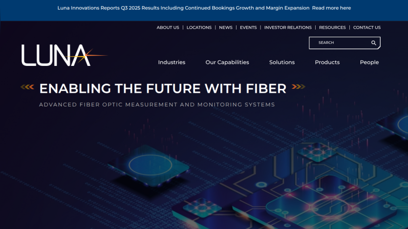 Luna website with navigation and headline about advanced fiber optic measurement and monitoring systems
