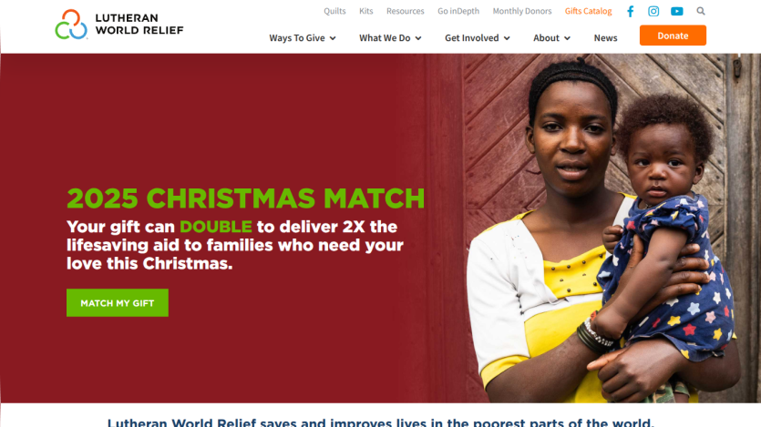 Lutheran World Relief 2025 Christmas Match campaign offering to double gifts for lifesaving aid to families, with donate button