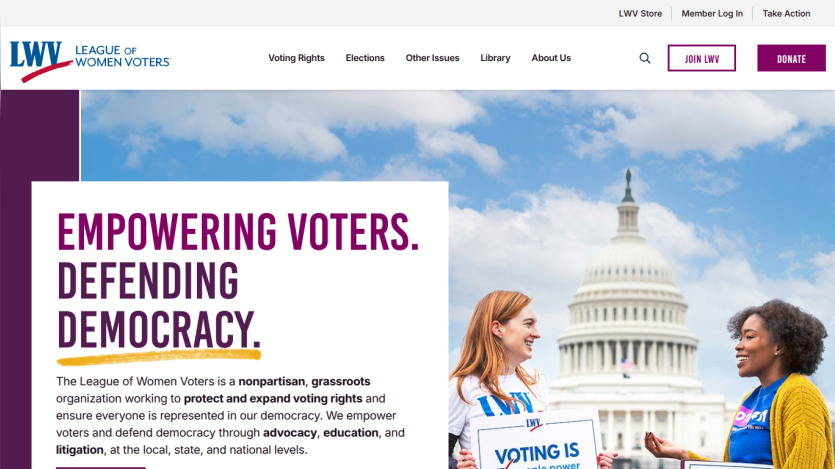 League of Women Voters homepage promoting voter empowerment and democracy.