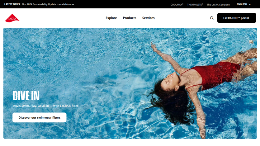 Website hero section with a woman floating in a pool wearing a red swimsuit, promoting LYCRA swimwear fibers