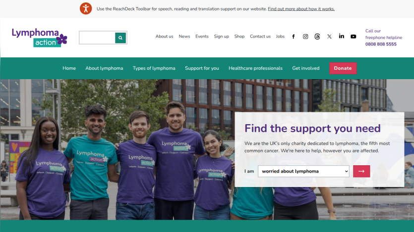 Lymphoma Action charity homepage with navigation and a support form titled 'Find the support you need' alongside a group photo of smiling volunteers.
