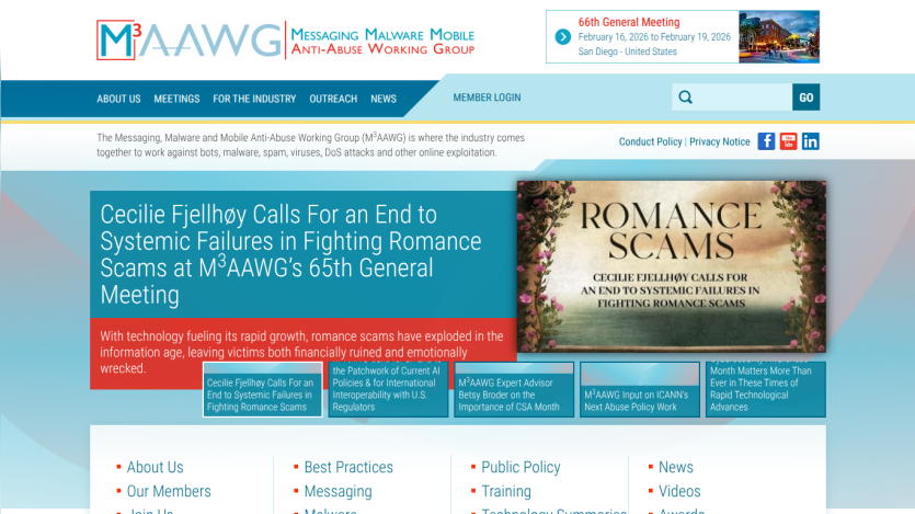 Messaging Malware Mobile Anti-Abuse Working Group homepage featuring a call to end systemic failures in fighting romance scams at the 65th General Meeting