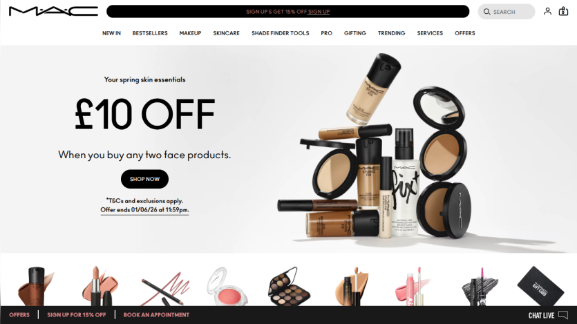 MAC Cosmetics promotional banner offering £10 off on face products with featured items.