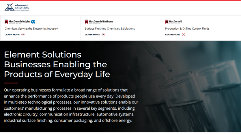 Element Solutions homepage with business divisions and description of solutions enhancing everyday products