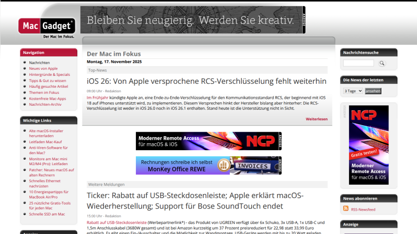 Mac Gadget website with news on iOS 26 RCS encryption and Mac-related articles dated 17 November 2025