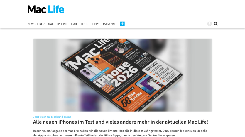 Mac Life website showing navigation and a hero image of the Mac Life magazine cover featuring iPhone 13 and iPhone 12 Pro