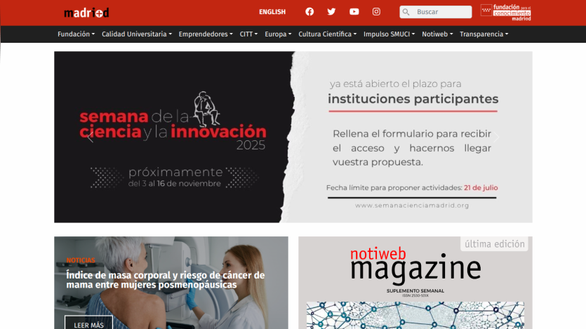 Homepage featuring the 'Semana de la Ciencia y la Innovación 2023' announcement and magazine section.