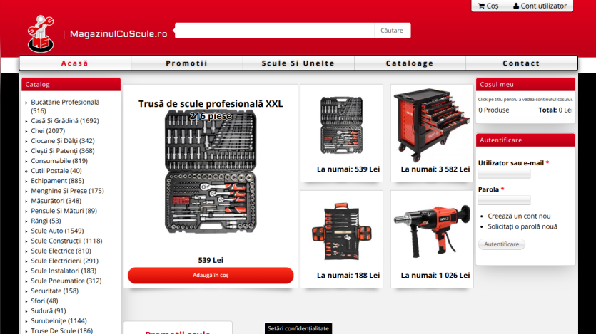 Online tool store homepage featuring professional tool sets with prices and login section
