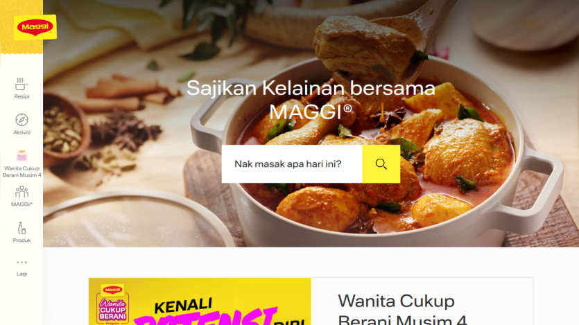 Maggi website with a spicy chicken curry dish and search bar asking what to cook today