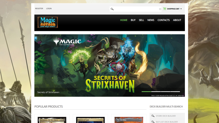 Homepage featuring Magic: The Gathering's Strixhaven expansion with product links.
