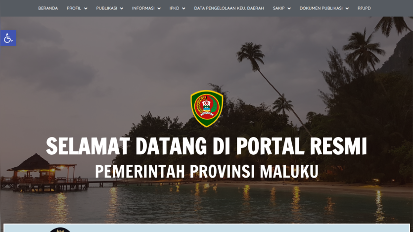 Official portal welcome page of Maluku Province government with tropical beach background and navigation menu