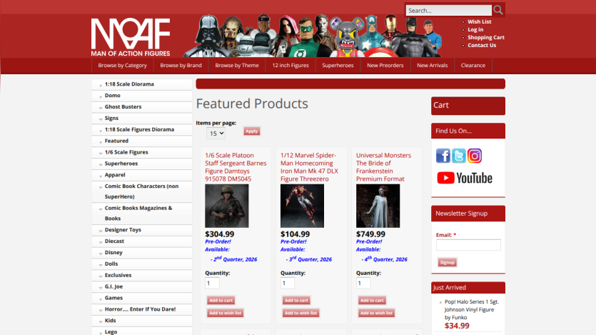 Man of Action Figures website with navigation and featured pre-order action figures including Platoon Staff Sergeant Barnes, Spider-Man, and Bride of Frankenstein