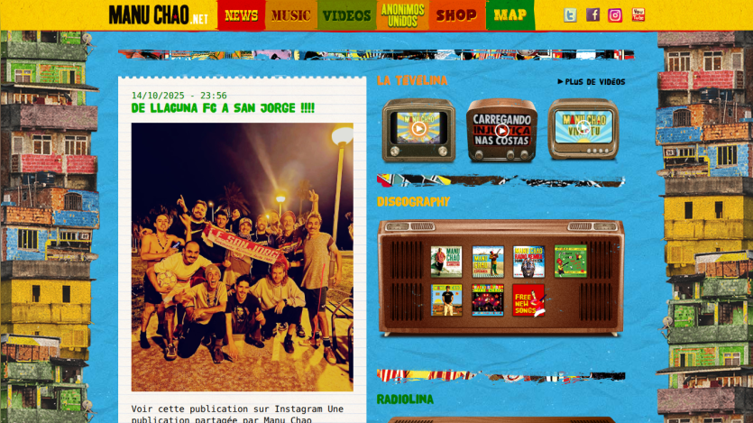 Manu Chao website with news post, video section, discography, and navigation menu.