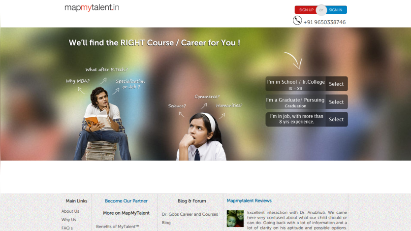 Homepage of a career guidance website featuring a tagline about finding the right course or career.