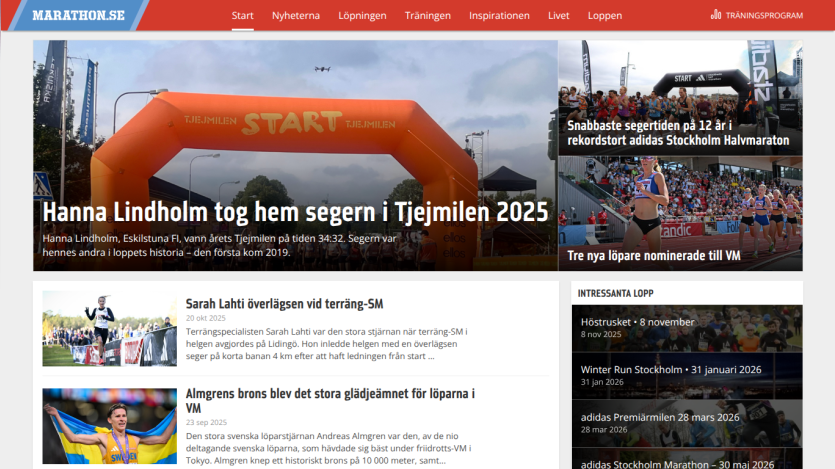 Marathon.se homepage with news on Tjejmilen 2025 winner Hanna Lindholm and upcoming running events.