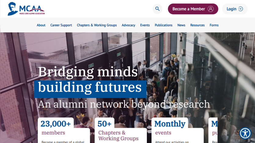 Marie Curie Alumni Association homepage with headline Bridging minds building futures and stats on members, chapters, and events