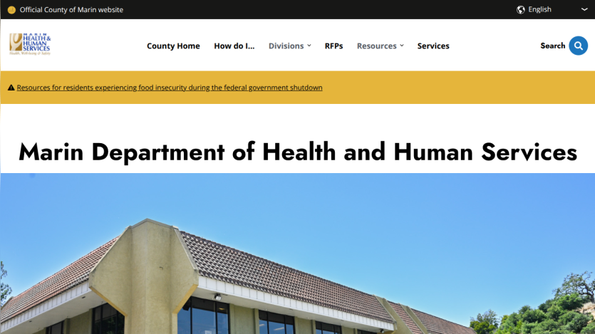 Marin Department of Health and Human Services homepage with navigation menu and a building under clear blue sky