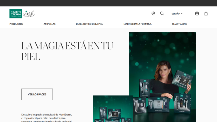 MartiDerm skincare homepage with navigation menu and hero section promoting holiday packs with a woman holding product boxes.