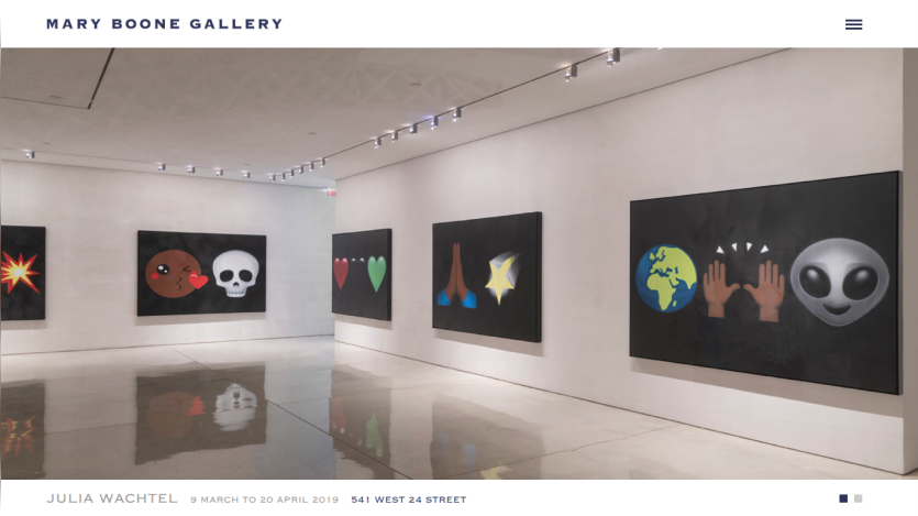 Artworks displayed in a gallery setting, featuring various colorful paintings.